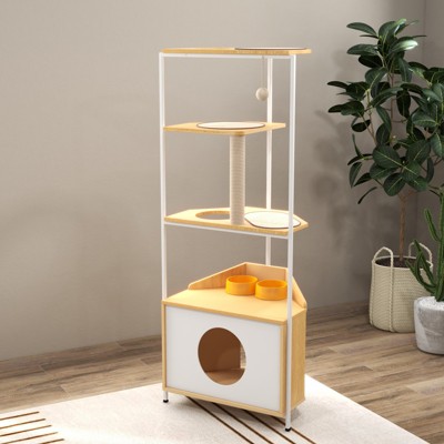 FURNIinspire Corner Cat Tower, Cat Tree with Scratching Post, Cat Condo with Feeding Station, Pet Furniture for Indoor Cats, 24.8"*15.7"*58.4"