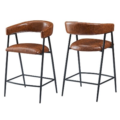 Christopher Knight Home Sara Upholstered 26" Faux Leather Iron Frame Counter Stool with Footrest, Brown