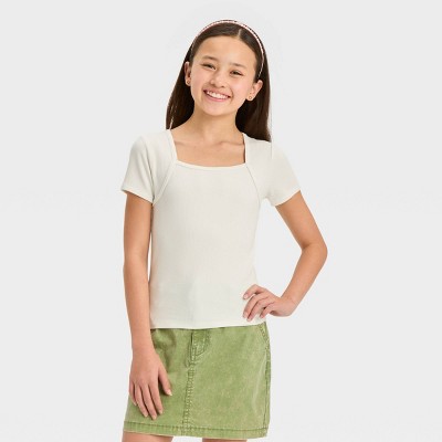 Girls' Short Sleeve Shrug Shoulder Knit T-Shirt - art class™ Off-White XXL
