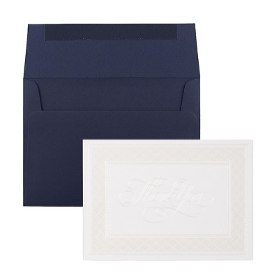 JAM Paper Thank You Card Sets Pearl Border Card with Navy Envelopes D41109NGLMB