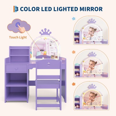 Kids Vanity Table with Lights, 2-in-1 Princess Makeup Desk and Chair Set with Bookshelf
