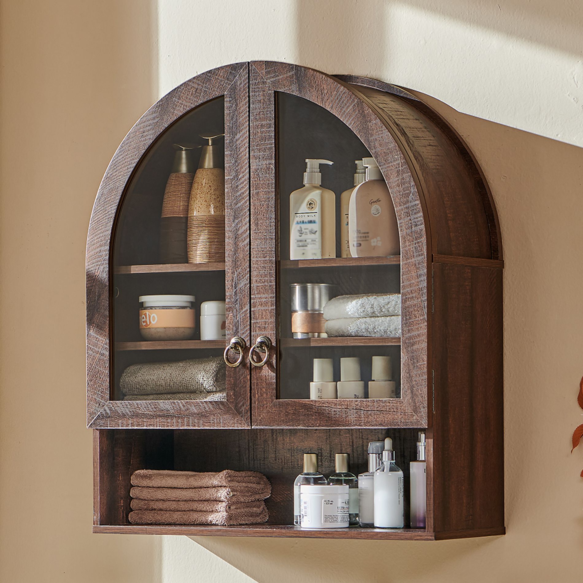 Arched Bathroom Wall Cabinet with Drawer,  28" Modern Medicine Cabinet with Adjustable Shelves, Over-Toilet Storage