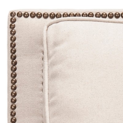 Beige Linen Arm Chair with Dark Cherry Wood Legs