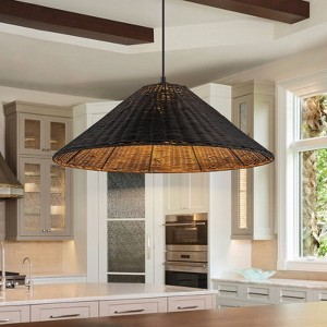 LLHZSY Farmhouse Straw Hat Hand Woven Pendant Chandelier with Natural Rattan Shade-19 7/10" Wide- Black - 1 of 4