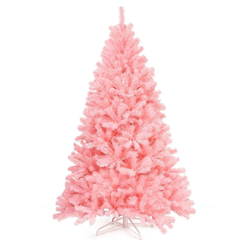 Costway 6Ft Hinged Artificial Christmas Tree Full Fir Tree New PVC w/ Metal Stand Pink, 1 of 16