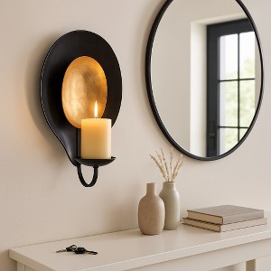 Decorative Round Wall Candle Sconce - Contemporary Metal Wall Candle Holder for Home Decor - Versatile Hanging Wall Candle Scones - Black & Gold - 1 of 4
