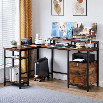 Whizmax 67¡± L Shaped Desk with Power Outlet, Reversible Computer Desk with File Drawer & 2 Monitor Stands, Home Office Desk with Storage Shelves