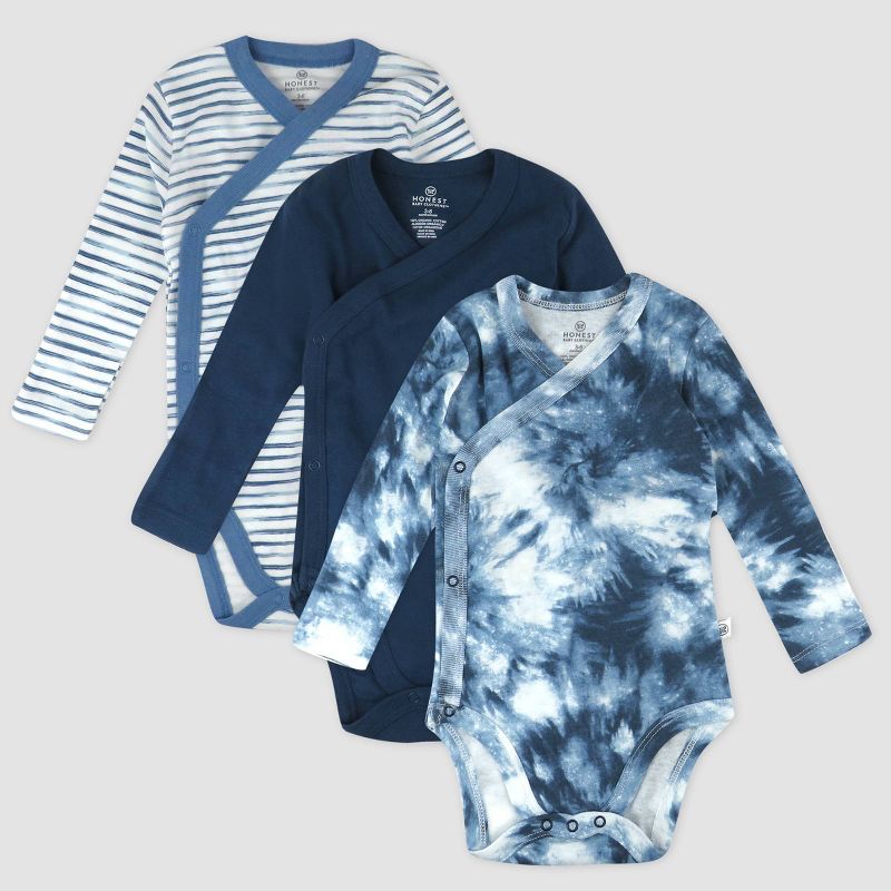 Honest Baby Boys' 3pk Long Sleeve Side Snap Bodysuit - Blue, 1 of 4