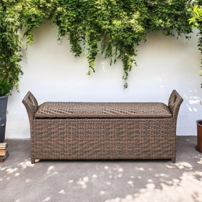Alilang 42.00 inches Rattan Storage Bench with Padded Seat and Lift-Top Design-Brown Multi