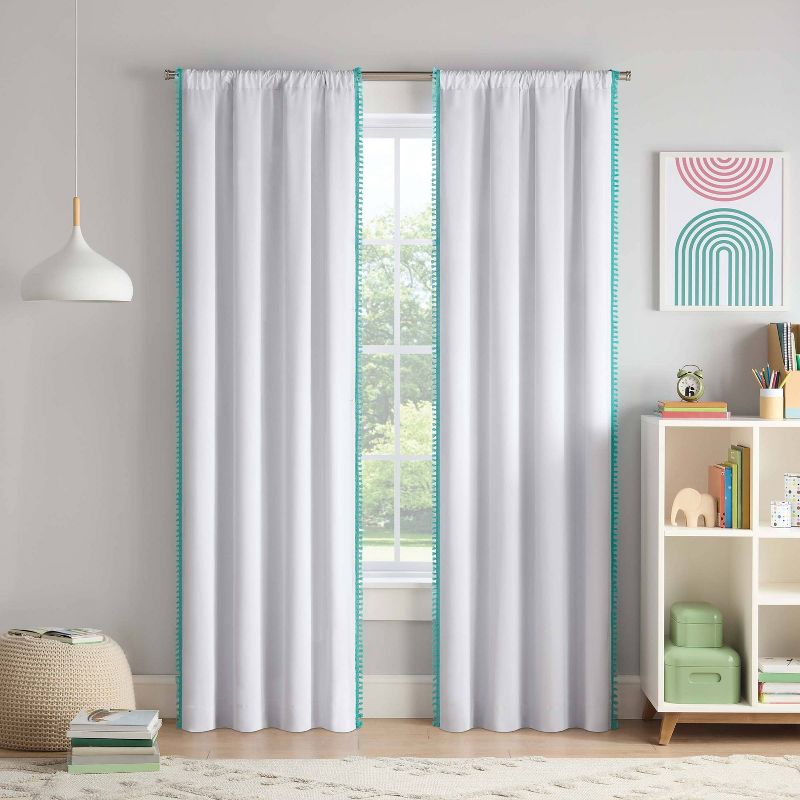 Kids' 100% Blackout Tassel Border Curtain Panel with Rod Pocket White/Teal Blue - Eclipse, 1 of 9
