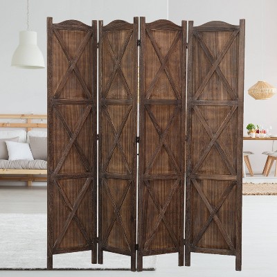 Rustic Brown Paulownia Wood 4-Panel Folding Room Divider