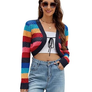 Coolmee Women's Cropped Knit Cardigan Tie Front Hollow Out Colorful Striped Long Sleeve Fashion Casual Cover Up Tops - 1 of 4