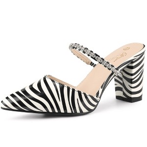 Perphy Women's Zebra Print Pointed Toe Rhinestones Strap Chunky Heel Mules - 1 of 4