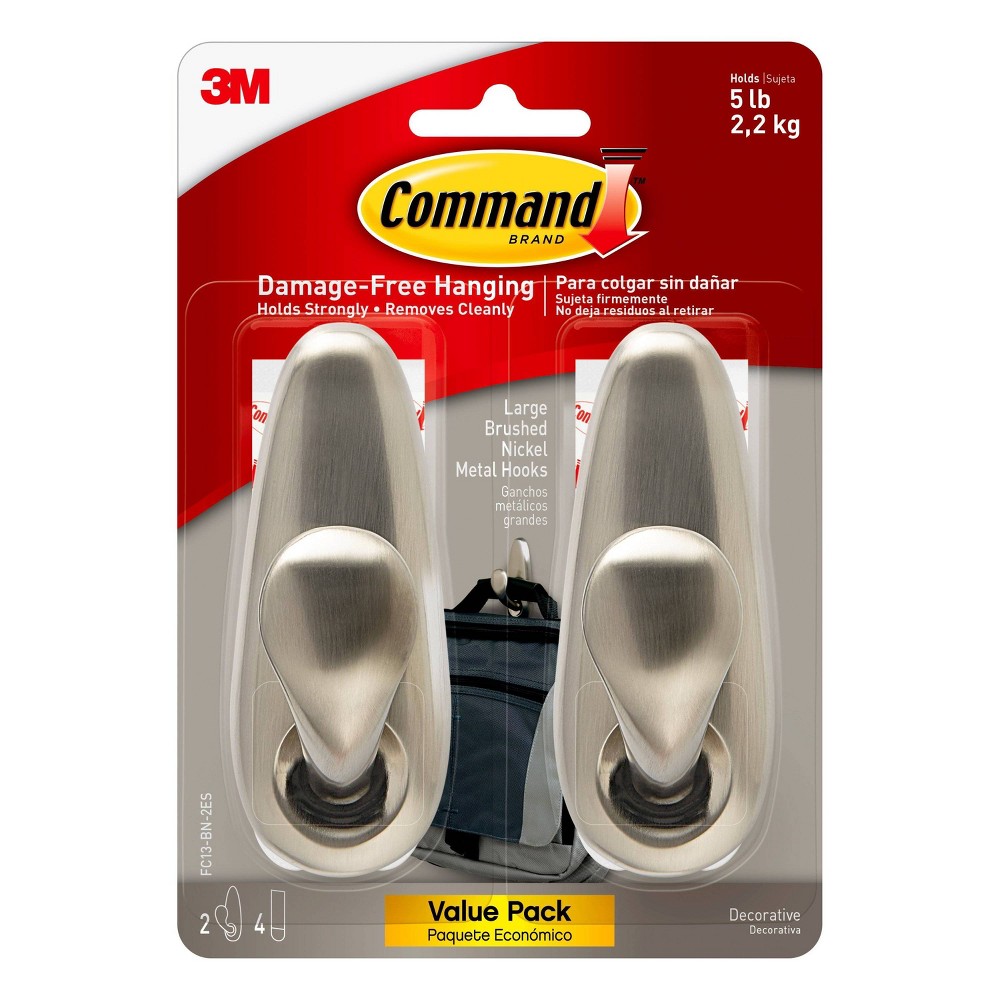 Command 2 Hooks 4 Strips Large Sized Forever Classic Metal Decorative Hook Brushed Nickel