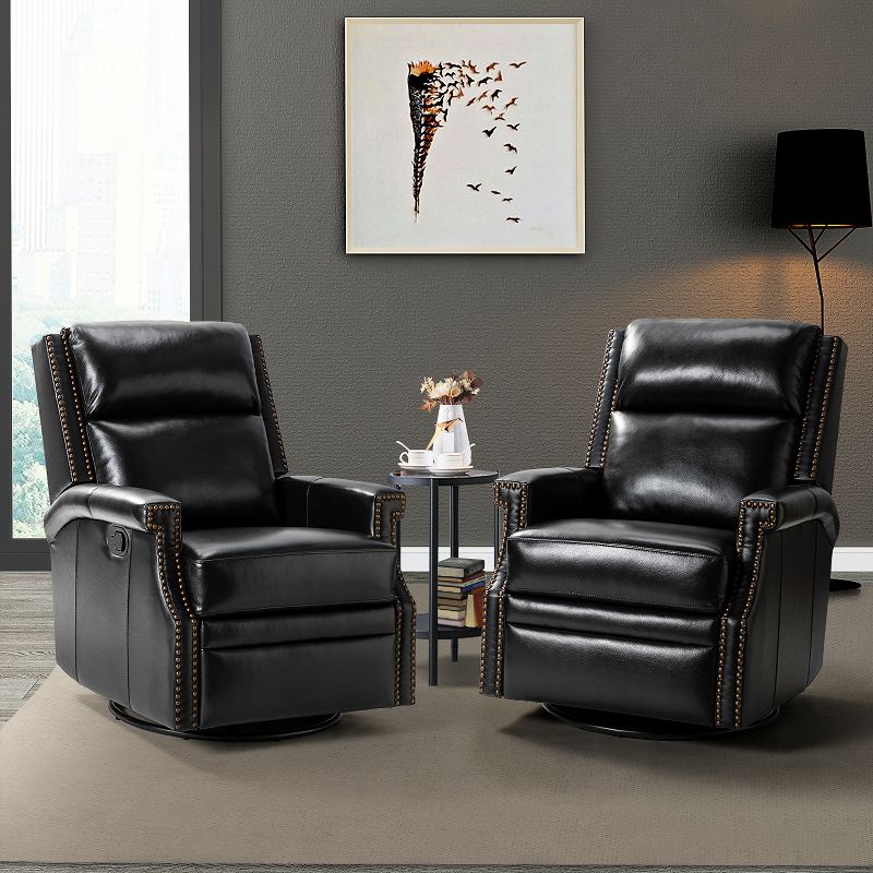 Set of 2 Favonius Wooden Upholstery Genuine Leather Swivel Rocker Recliner with Nailhead Trim for Bedroom and Living Room| ARTFUL LIVING DESIGN, 2 of 11
