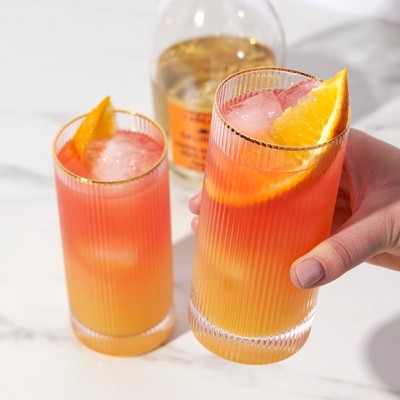 Gold Rimmed Clear Rippled Highball Glasses Set of 2, 15oz