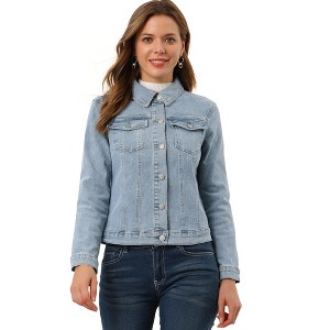Allegra K Women's Denim Coat Jean Button Front Washed Vintage Jacket - 1 of 4
