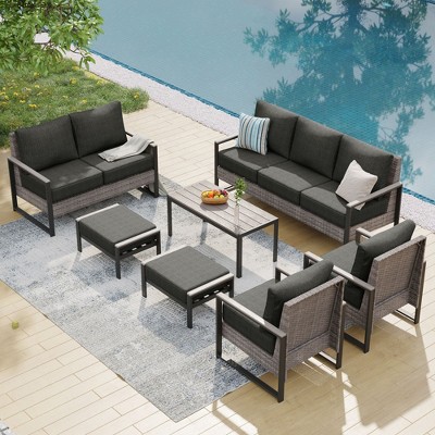 Sonkuki Outdoor Furniture Set Patio Conversation Sofa with Coffee Table Set, All-Weather PE Rattan Couch with Cushion