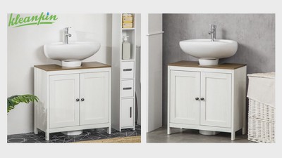 Antique White Freestanding Bathroom Sink Cabinet with Dark Wood Top