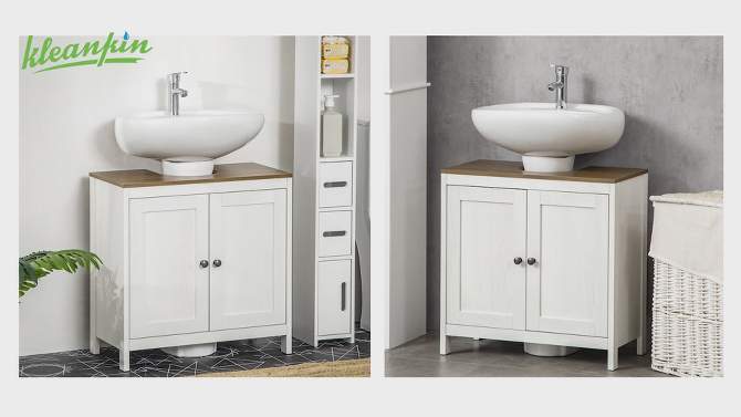 kleankin Bathroom Sink Cabinet, Floor Standing Under Sink Cabinet, Freestanding Storage Cupboard with Adjustable Shelf, Double Doors, Antique White, 2 of 8, play video