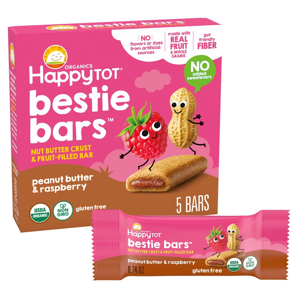 HappyTot Organics Bestie Bars Peanut Butter & Raspberry - 5ct/3.7oz: Toddler 12-36 Months, Organic Certified, Non-GMO, Gluten-Free