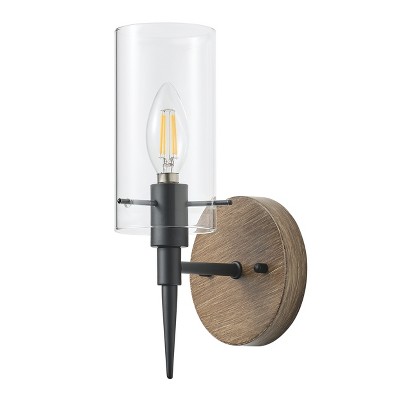 Dewdrop Rustic Wall Sconce with Clear Glass Shade, Black and Wood Finish, Farmhouse Wall Light