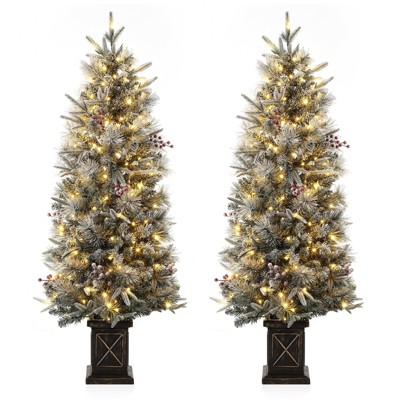 Homhougo 4.5ft Set of 2 Snow Flocked Christmas Trees with Red Berries, X-Shaped Base, Perfect for Front Door or Porch Decor