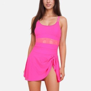 Anna-Kaci Swim Women's Mesh Panel One Piece Swimsuit with Adjustable Spaghetti Straps and Side Tie Swim Skirt - 1 of 4