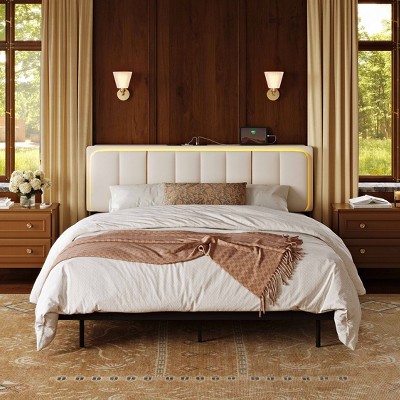 WOWLIVE Floating Bed Frame with Charging Station and LED Lights, Upholstered Platform Bed Frame with Adjustable Headboard and Under-Bed Storage