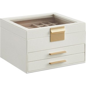 Glass Lid Jewelry Box 3 Layers 2 Drawers Modern White and Gold Finish Storage Organizer Display Case - 1 of 4