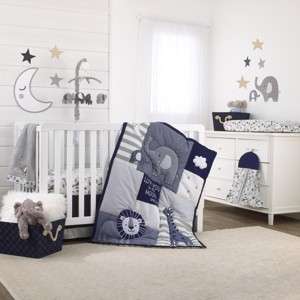 NoJo Love You To The Moon - Navy, Grey and Blue 4 Piece Nursery Crib Bedding Set with Comforter, Fitted Crib Sheet, Dust Ruffle, Diaper Stacker - 1 of 4