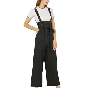 Allegra K Women's High Waist Wide Leg Belted Button Long Overalls Jumpsuit - 1 of 4