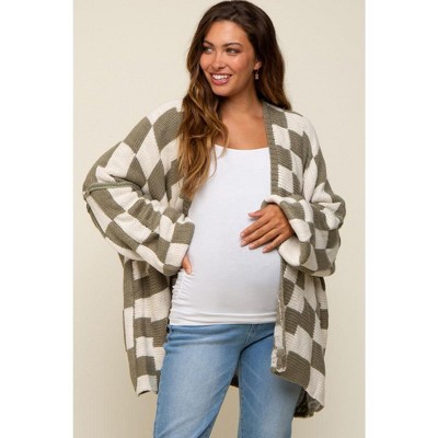 PinkBlush Olive Checkered Print Oversized Maternity Cardigan