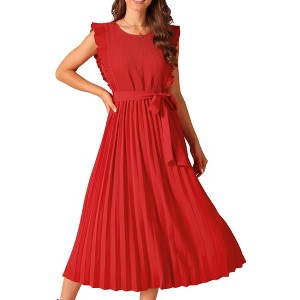 Seta T Women's Casual Ruffle Sleeveless Crewneck Pleated Flowy Belted Midi Sundresses - 1 of 4
