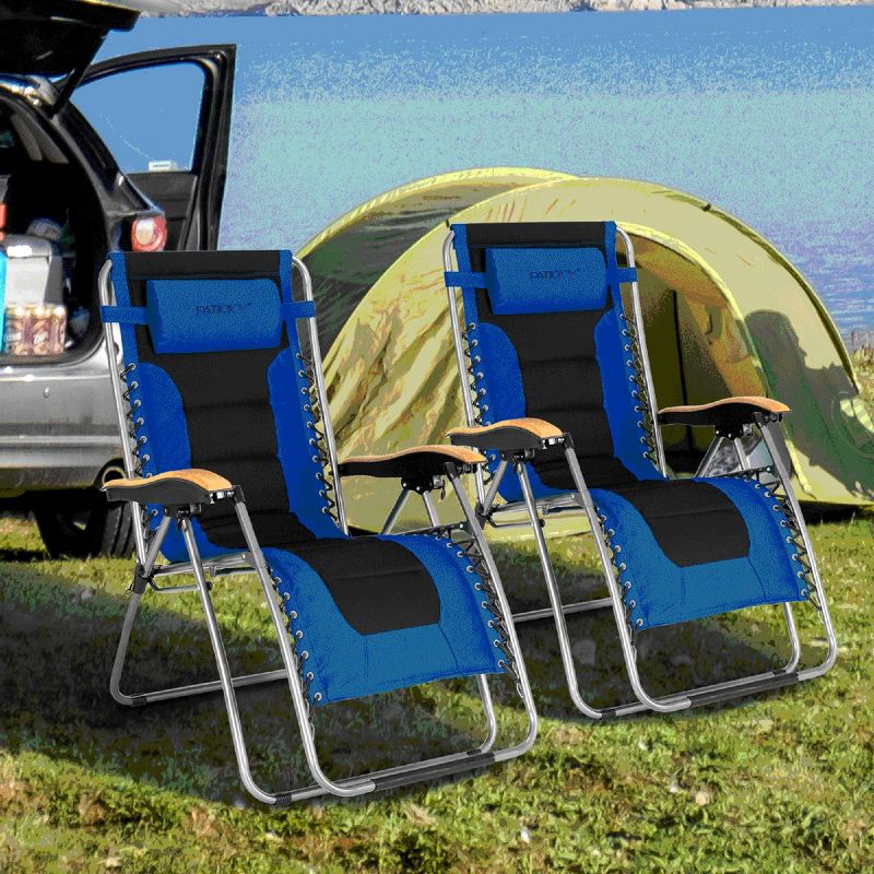 Costway 2PCS Folding Zero Gravity Chair Padded Lounge Chair w/ Beech Armrests Turquoise/Blue/Grey, 2 of 11