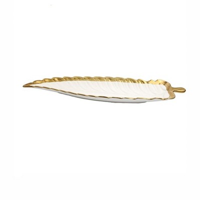 Classic Touch White Porcelain Leaf Dish with Gold Rim