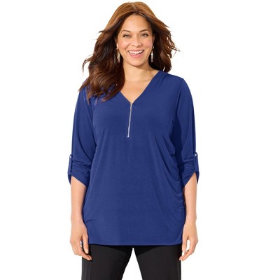 Catherines Women's Plus Size Petite Dream Drape Zip V-Neck Top