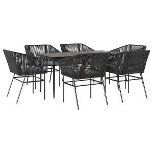 vidaXL Patio Dining Set with Cushions Table and Chairs Set Poly Rattan Glass - Black 63" x 31.5" x 29.1" 6 Pieces - 1 of 4