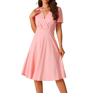 INSPIRE CHIC Women's Summer Wrap V Neck Puff Short Sleeve Midi Swing Dress with Pockets - 1 of 4