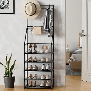 DOMETOUR Shoe Rack with Coat Rack 5 Tier Shoe Stand Orqanizer for Bedroom Dorm, Black - 1 of 4