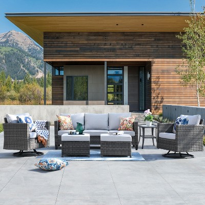 Outdoor Sectional With Swivel Chairs, 6-Pc Modular Outdoor Sofa Set w/ Swivel Chairs 3-Seat Couch & Ottomans, Sunproof Cushions, Gray, 6 Pcs/Set