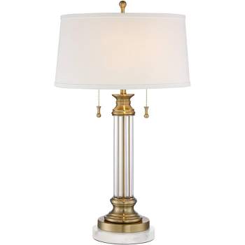 Vienna Full Spectrum Rolland Traditional Table Lamp with White Round Marble Riser 30" Tall Antique Brass Crystal Off White Shade for Living Room House