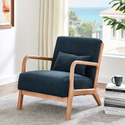 Natural Wooden Lounge Chair with Ribbed Corduroy Upholstery and Cushion for Living Room, Bedroom or Reading Corner-The Pop Home