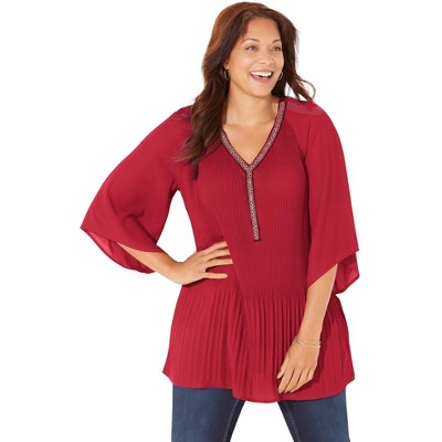 Catherines Women's Plus Size Petite Bejeweled Pleated Blouse