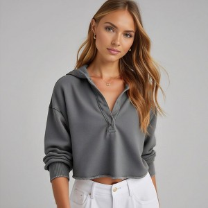 Knit & Lounge Women’s Cropped Pullover Sweatshirt Long Sleeve Raw Hem Collar Placket Detail Casual Loungewear Top - 1 of 4