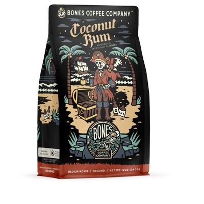 Bones Coffee Company Coconut Rum Ground Coffee Beans Coconut Rum Flavor 12 oz Medium Roast (Ground)