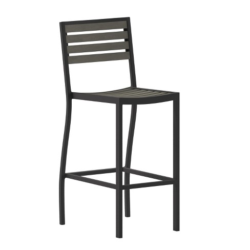 Flash Furniture Lark Commercial Grade Bar Height Stool All Weather Outdoor Bar Stool with Faux Wood Poly Resin Slats and Aluminum Frame Gray Wash