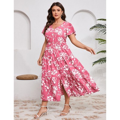 Plus Size Split Layered Hem Fake Button Short Sleeve Summer Maxi Dress