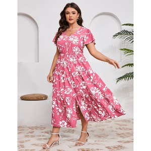 Plus Size Split Layered Hem Fake Button Short Sleeve Summer Maxi Dress - 1 of 3