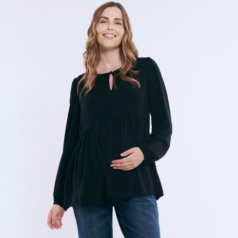 Women s Long Sleeve Empire Waist Keyhole Woven Blouse Black Size Small Motherhood Maternity Target